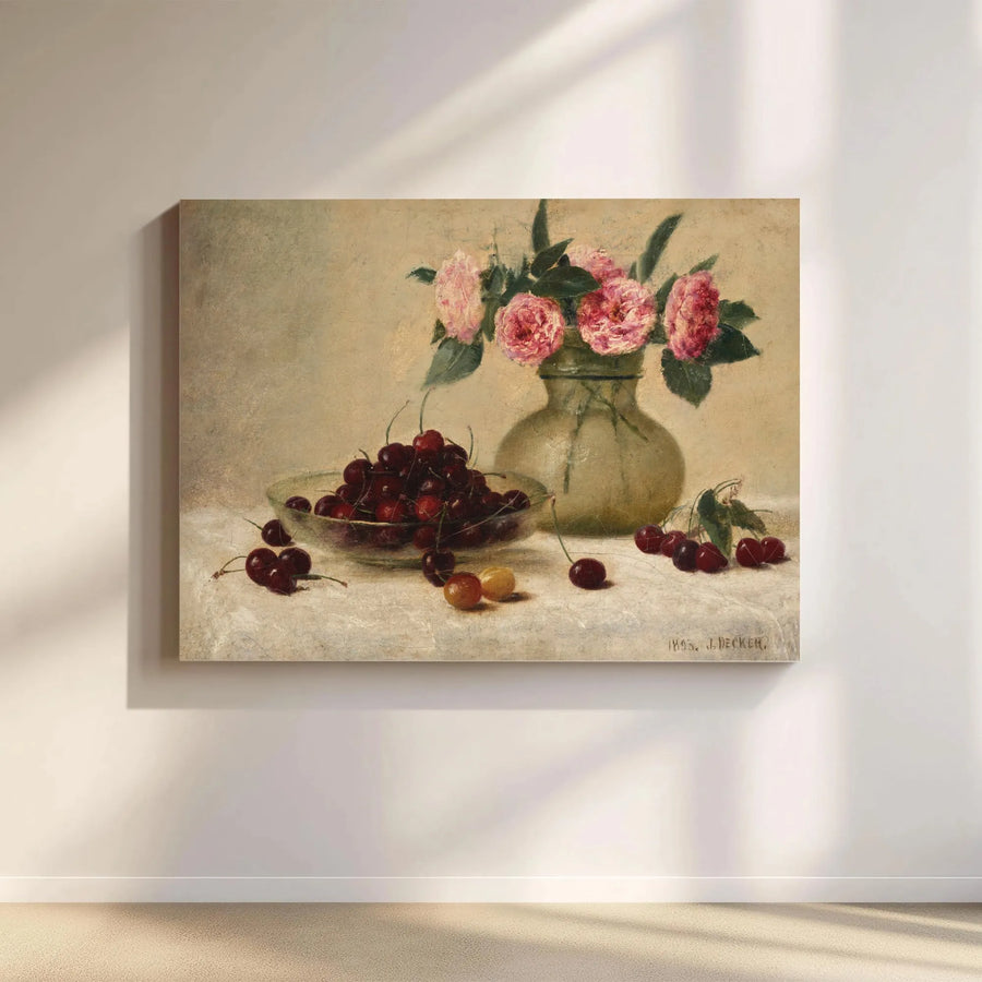 Vintage Still Life Canvas Print | J. Decker Cherries & Roses Painting | Premium Gallery Quality Wall Art | Kitchen & Dining Room Decor Gift