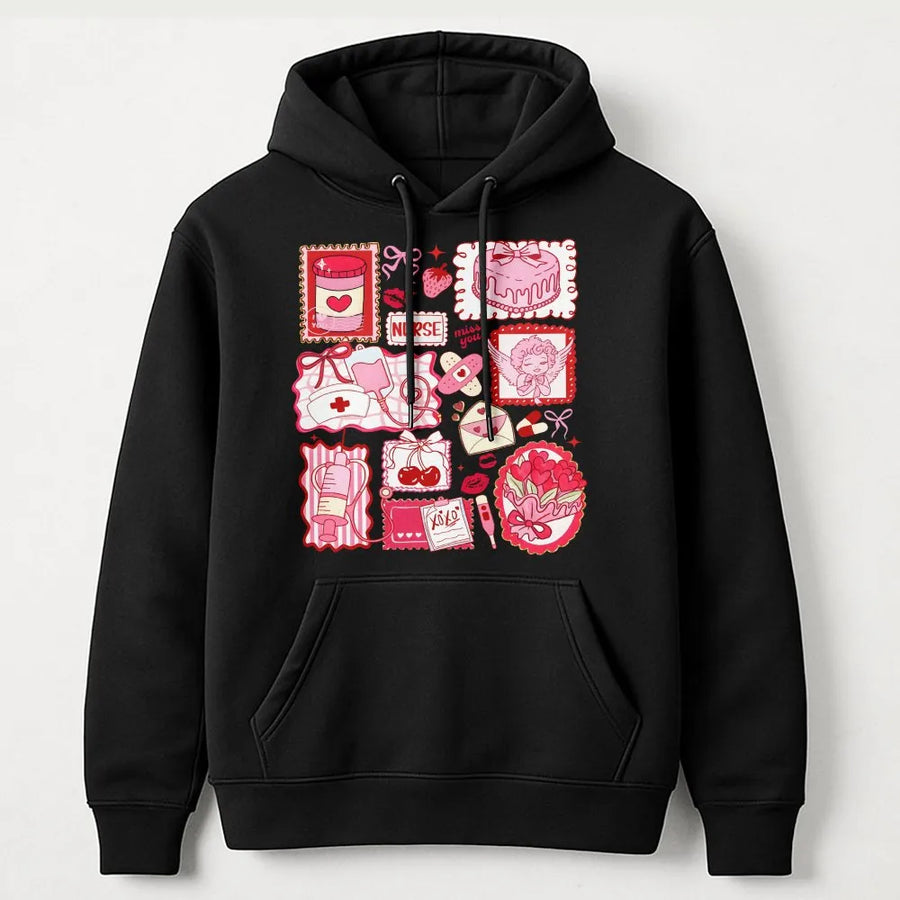 Nurse Valentine Hoodie | Coquette Aesthetic Medical Doodle Print | Premium Cotton Blend | Cute Nurse Gift for Women and Students