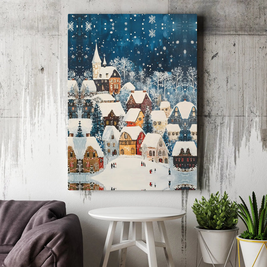 Christmas Village Canvas Wall Art | Snowy Winter Night Town Scene | Premium Gallery Wrap Decor | Festive Holiday Home Gift