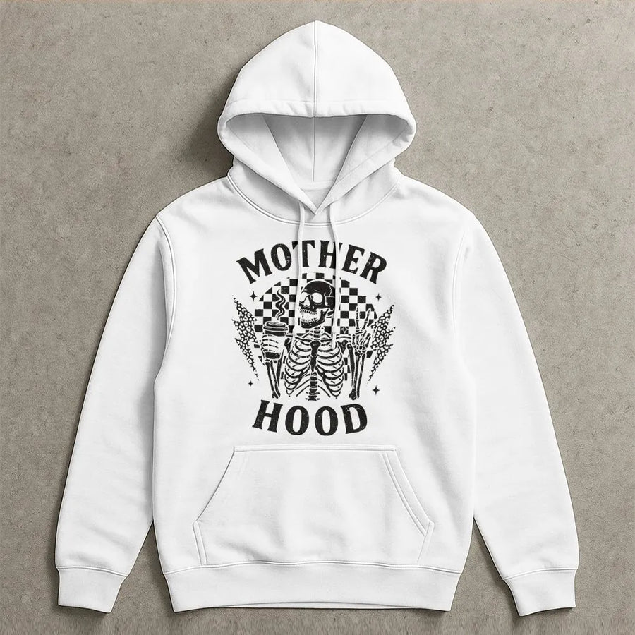 Motherhood Skeleton Hoodie | Funny Coffee & Chaos Graphic | Premium Cotton-Blend Pullover | Edgy Mom Life Gift for Mother's Day