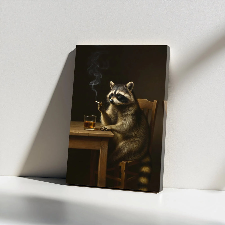 Smoking Raccoon Canvas Print | Gentleman Raccoon with Whiskey & Cigarette | Premium Framed Matte Canvas | Man Cave Decor & Unique Bar Gift