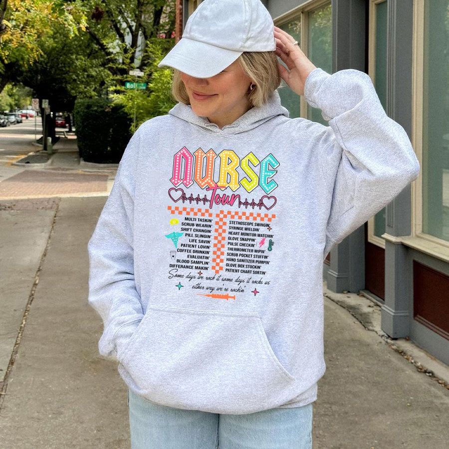 Nurse Tour Hoodie | Retro Concert Style Graphic | Premium Cotton Blend | Funny Nursing School Gift for RN CNA Graduation