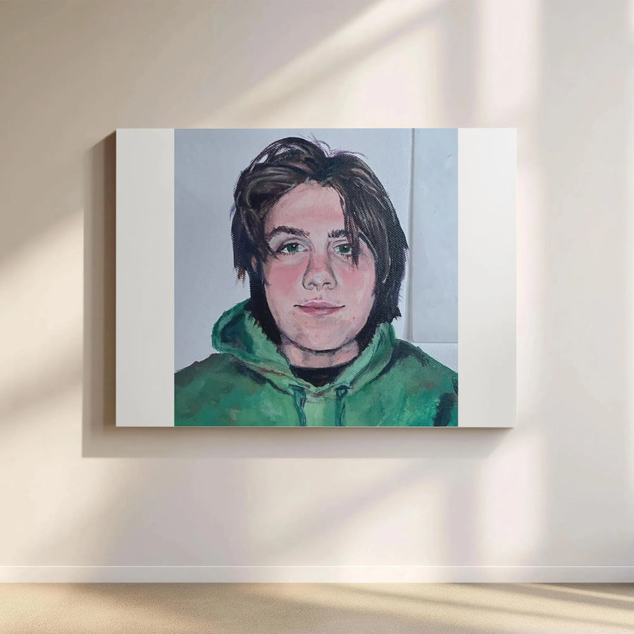 Modern Portrait Canvas Print | Painterly Artwork of Teen in Green Hoodie | Premium Gallery Wrap Canvas | Collector's Gift for Modern Home Decor