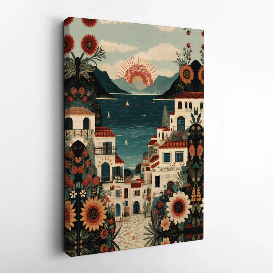Mediterranean Village Canvas Print | Vintage Folk Art with Sunflowers | Premium Gallery Wrap Canvas | Boho Wall Decor Gift for Traveler