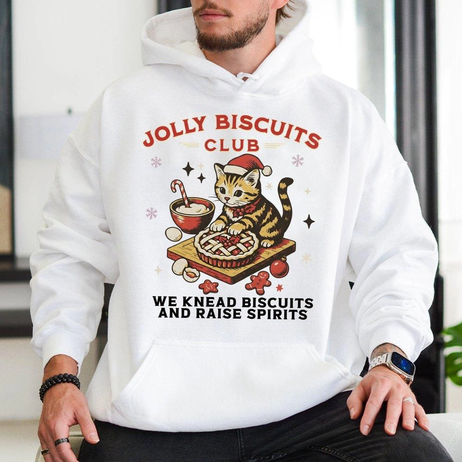 Christmas Cat Baking Hoodie | Jolly Biscuits Club Graphic Print | Premium Cotton Blend | Funny Holiday Sweatshirt Gift for Cat Lovers
