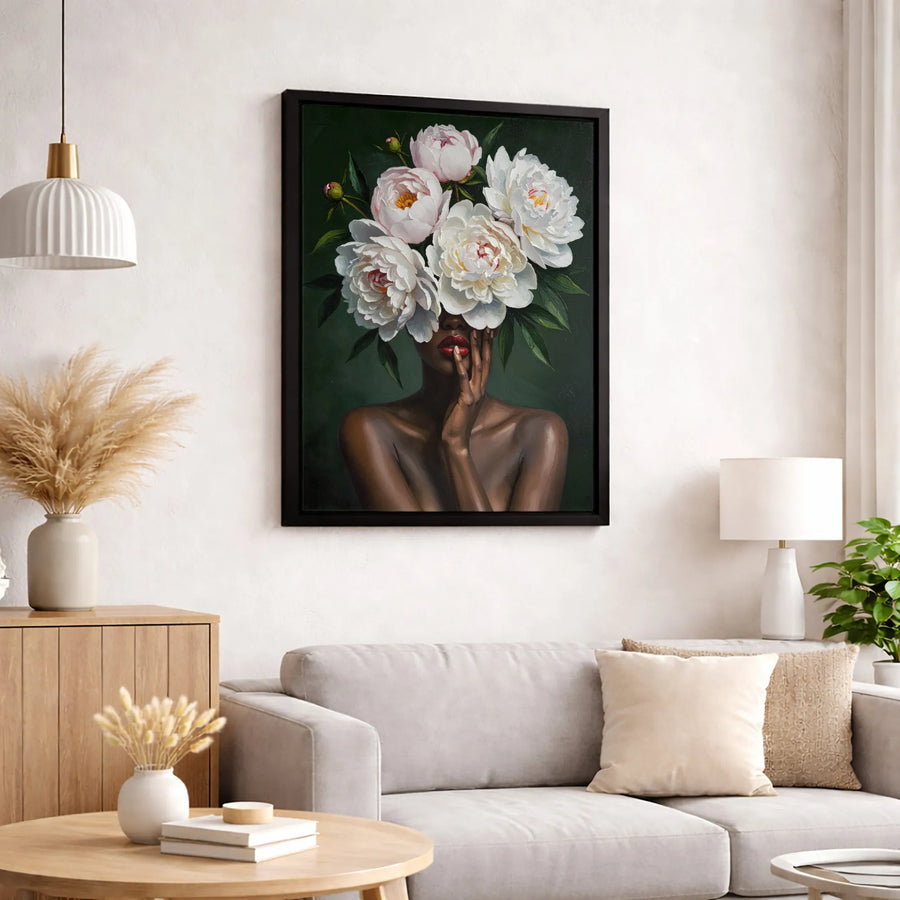 Black Woman Peony Portrait Canvas Art | Botanical Surrealism Wall Decor | Premium 1.25" Gallery Wrap | Modern Home Office Gift