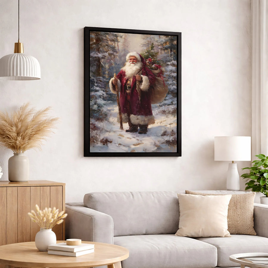 Vintage Santa Claus Wall Art | Snowy Forest Christmas Painting | Premium Gallery Wrapped Canvas | Holiday Home Decor Gift