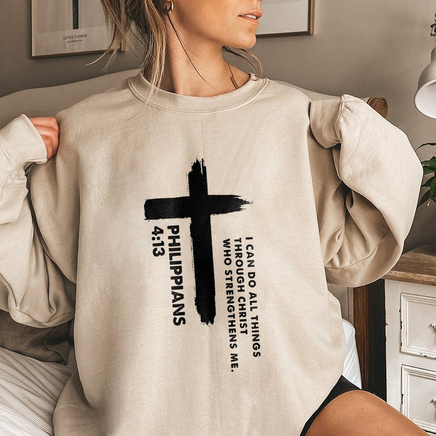 Philippians 4:13 Sweatshirt | I Can Do All Things Through Christ Cross Design | Premium Cotton Blend Crewneck | Religious Gift for Men and Women