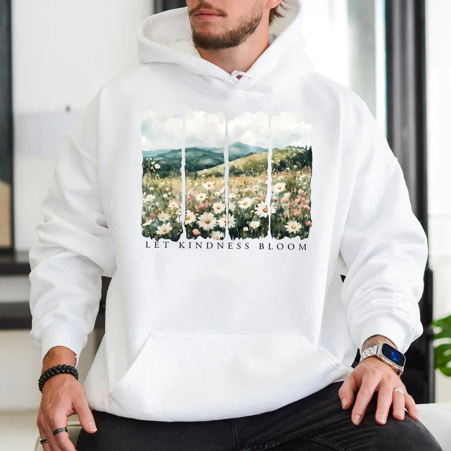 Let Kindness Bloom Hoodie | Watercolor Wildflower Meadow Graphic | Soft 100% Cotton Tee | Inspirational Gift, Positive Message Shirt