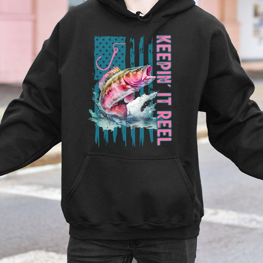 Keepin' It Reel Fishing Hoodie | Patriotic Bass Fish Graphic | Premium Cotton Blend | Gift for Anglers and Lake Life Lovers