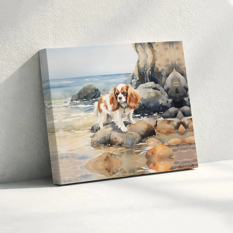 Cavalier King Charles Spaniel Wall Art | Watercolor Dog on Beach Portrait | Premium Gallery-Wrapped Canvas | Gift for Dog Lovers