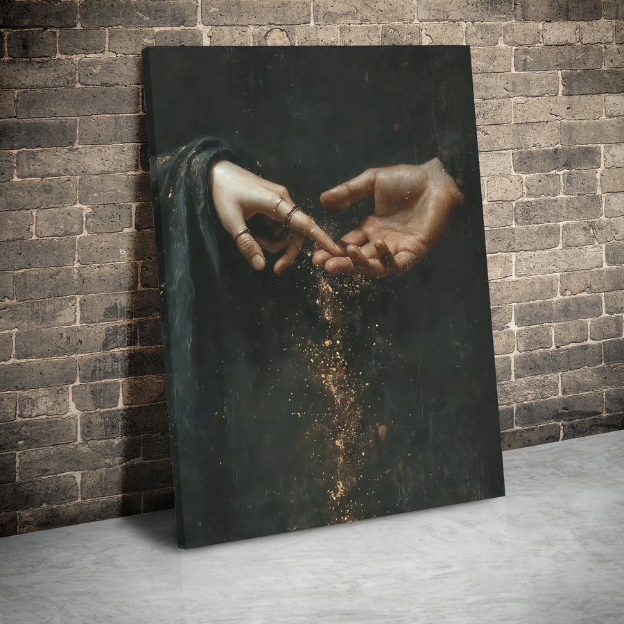 Hands Touching Canvas Print | Classical Gold Dust Fine Art | 1.25 Inch Gallery Wrap | Premium Wall Decor For Home Office