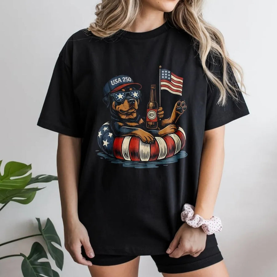 Patriotic Rottweiler T-Shirt | Funny USA 250th Anniversary Dog Graphic | Premium Cotton Tee | Fourth of July Gift for Men