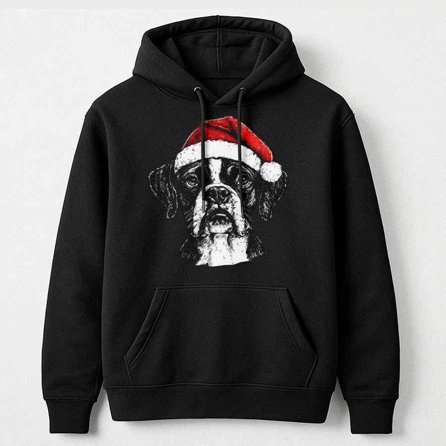 Boxer Dog Christmas Hoodie | Festive Santa Hat Graphic Print | Premium Cotton Blend | Funny Holiday Sweatshirt Gift for Boxer Mom and Dad
