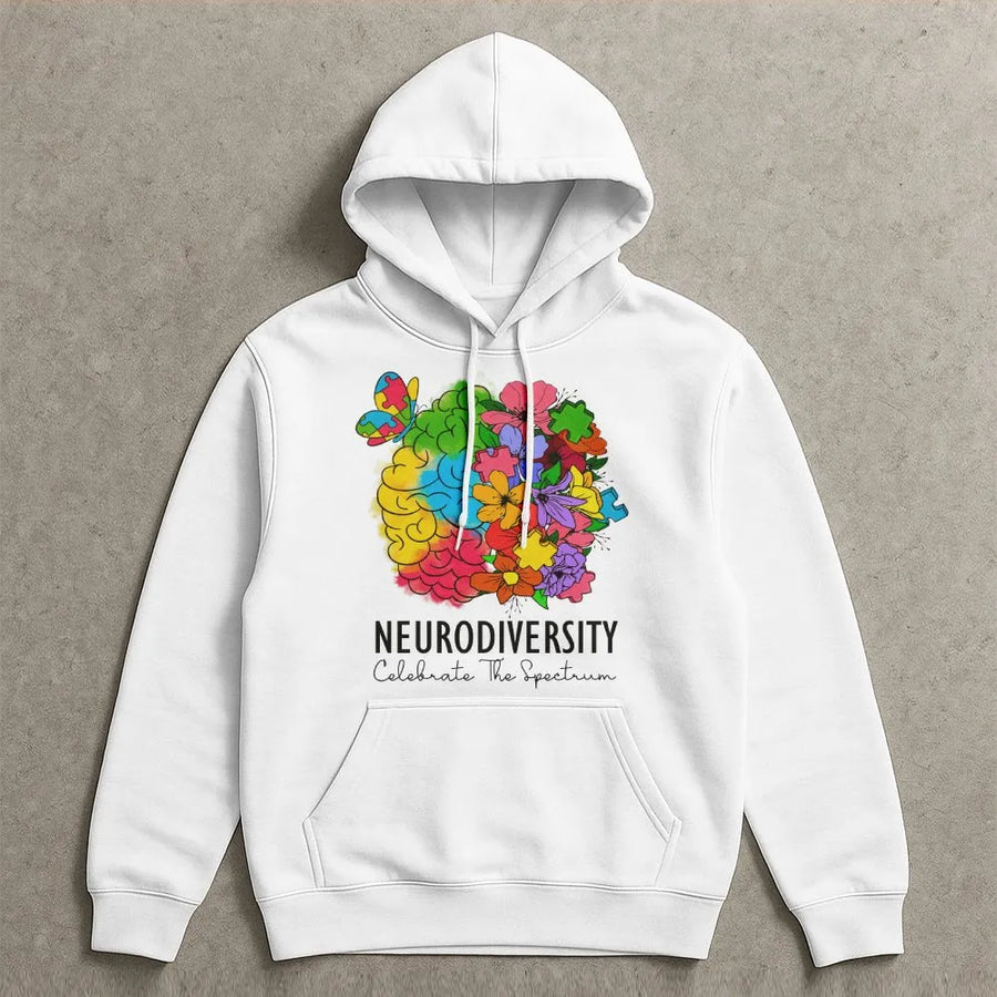 Neurodiversity Hoodie | Celebrate The Spectrum Floral Brain Graphic | Soft Cotton Blend Unisex Pullover | Premium Autism Awareness Gift