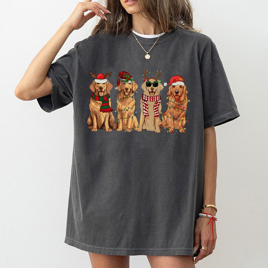Christmas Golden Retriever T-Shirt | Festive Dog Graphic with Santa Hats & Lights | 100% Cotton Premium Tee | Cute Holiday Gift for Dog Lovers