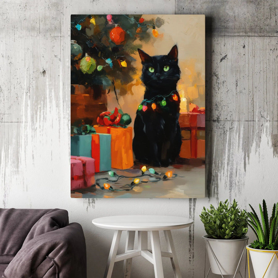 Black Cat Christmas Canvas Art | Cute Kitten Wrapped in Holiday Lights | Gallery Wrapped Premium Print | Festive Home Decor Gift for Cat Lovers