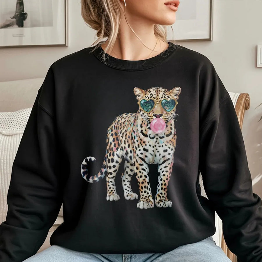 Leopard Bubblegum Sweatshirt | Cute Animal Print with Heart Sunglasses | Soft Cozy Pullover | Unisex Gift for Leopard Lovers