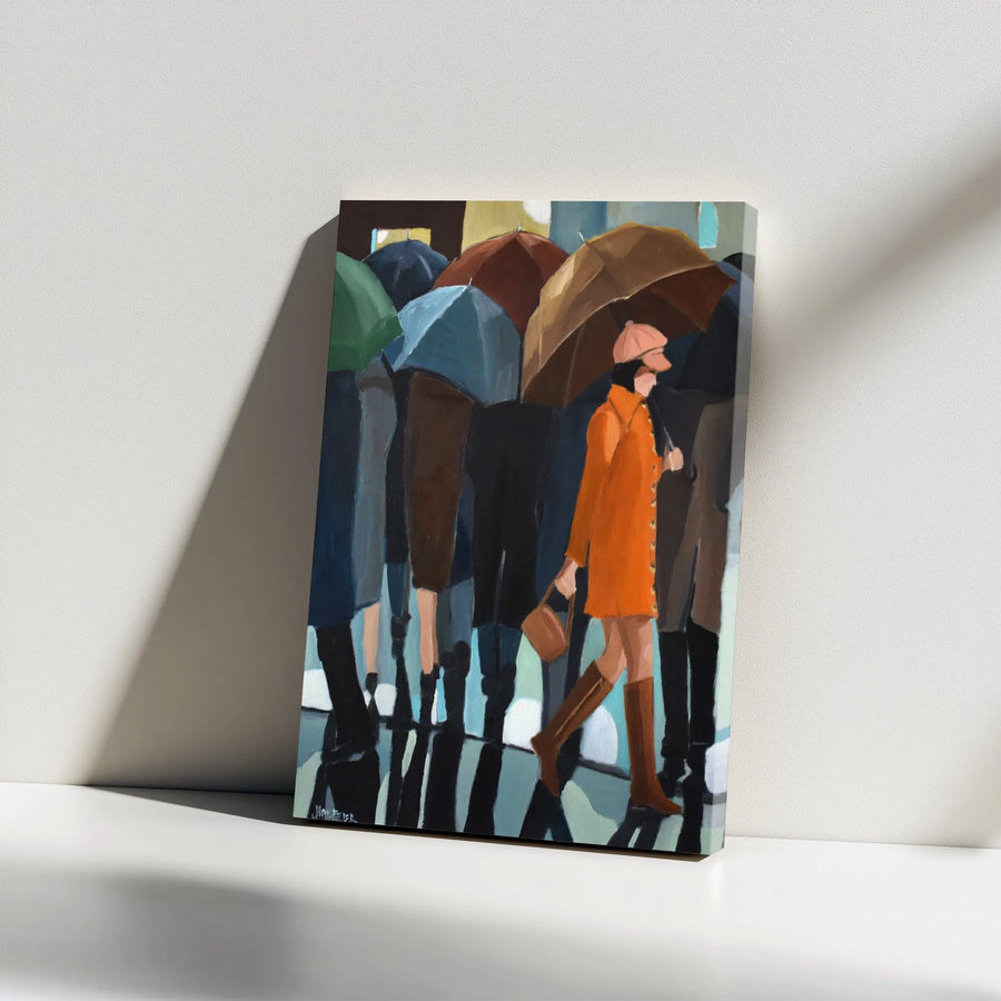 Rainy Day Painting Vertical Canvas | Abstract Cityscape with Umbrellas | Premium Gallery Wrap | Modern Office & Home Decor Gift