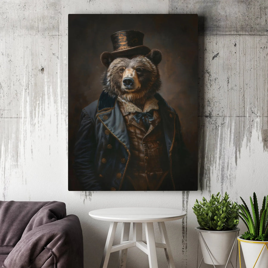 Gentleman Bear Canvas Wall Art | Vintage Animal Portrait Print | Premium Gallery Quality Canvas | Unique Maximalist Home Decor Gift