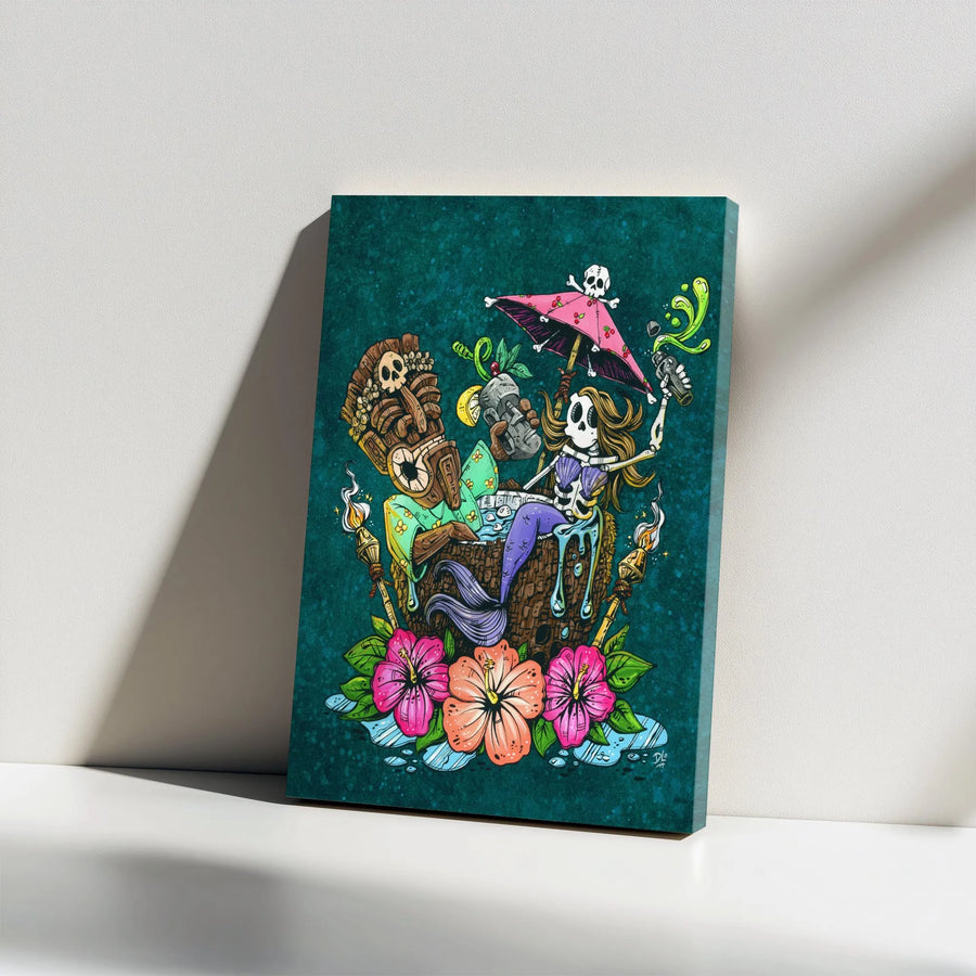 Tiki Skeleton Mermaid Vertical Canvas | Tropical Goth Beach Bar Art Print | Premium 1.25 Inch Gallery Wrap | Unique Gift for Tiki Lounge Wall Decor