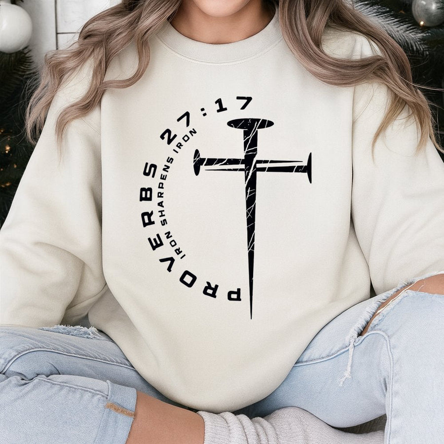 Proverbs 27:17 Sweatshirt | Iron Sharpens Iron Nail Cross Design | Premium Cotton Blend Faith Apparel | Christian Gift For Men And Women