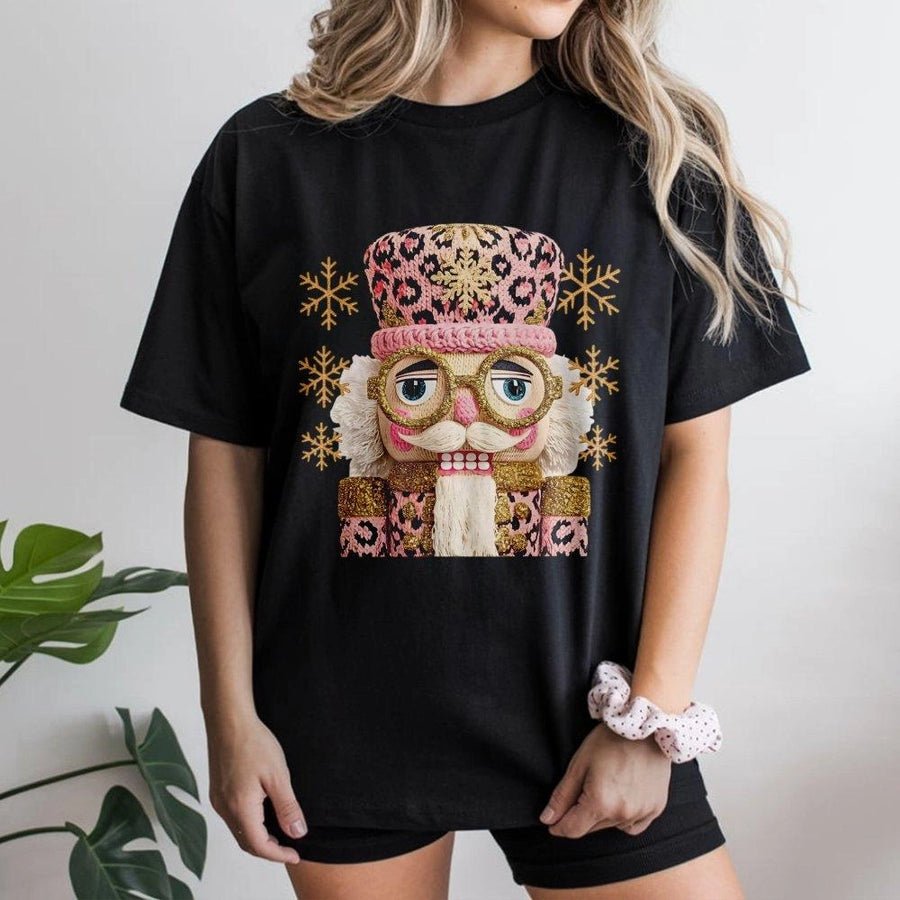 Pink Leopard Nutcracker Christmas T-Shirt | Preppy Crochet Style Graphic | 100% Premium Soft Cotton | Holiday Gift For Women & Teens
