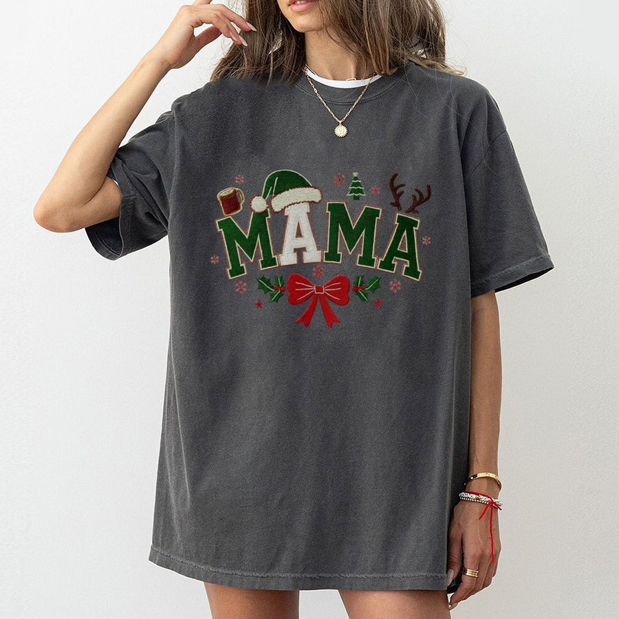 Christmas Mama T-Shirt | Festive Santa Hat and Bow Graphic | 100% Cotton Premium Tee | Cute Holiday Gift for Mom and Mommy