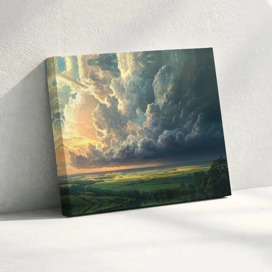 Dramatic Cloudscape Canvas Wall Art | Epic Sunset Over Green Fields | Premium Fade-Resistant Print | Living Room Decor Gift