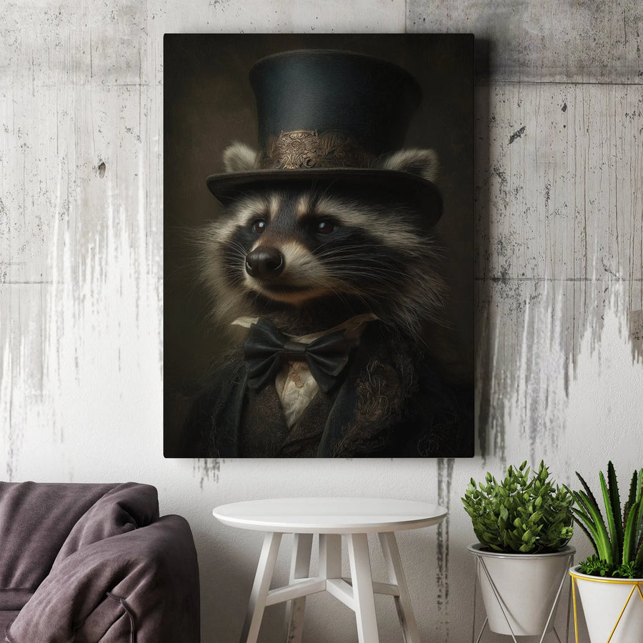 Gentleman Raccoon Canvas Wall Art | Victorian Animal Portrait | Premium Thick 1.25" Gallery Canvas | Unique Dark Academia Home Decor Gift