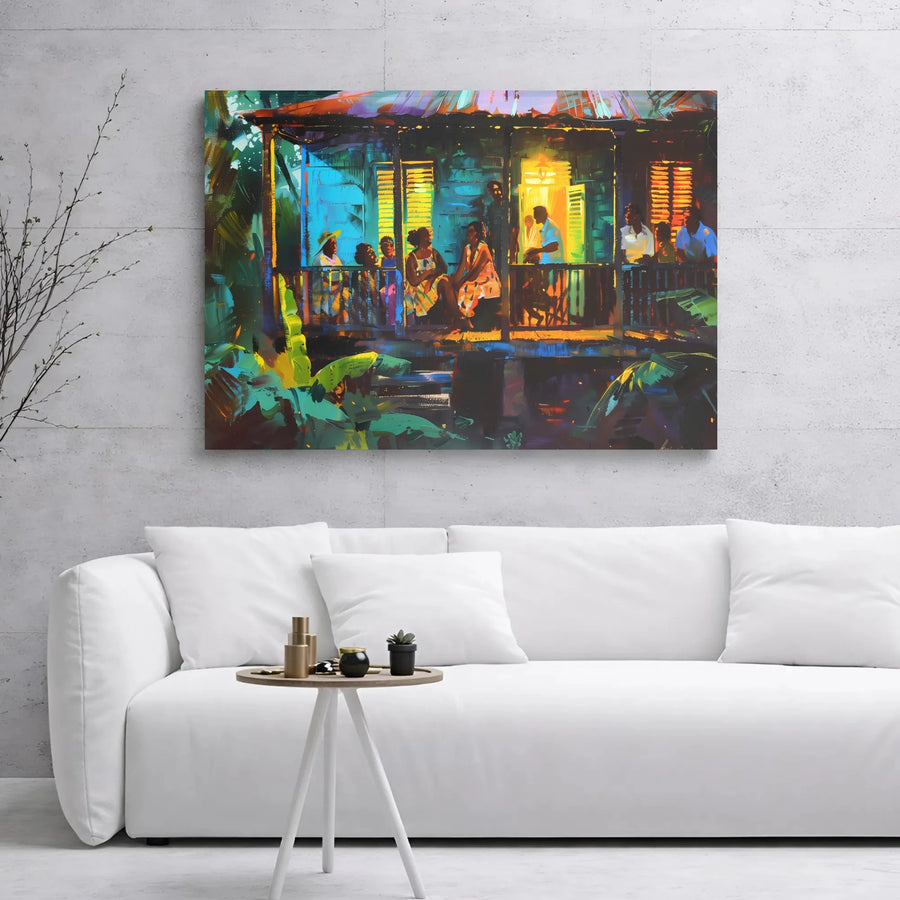 Black Family Porch Gathering Canvas Art | Vibrant Night Scene Wall Decor | 1.25-Inch Gallery Wrap Print | Premium Cultural Home Gift
