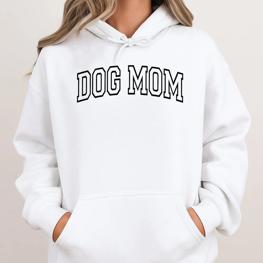 Dog Mom Hoodie | Varsity College Font Graphic | Cozy Cotton Blend | Perfect Gift for Dog Lovers & New Pet Owners