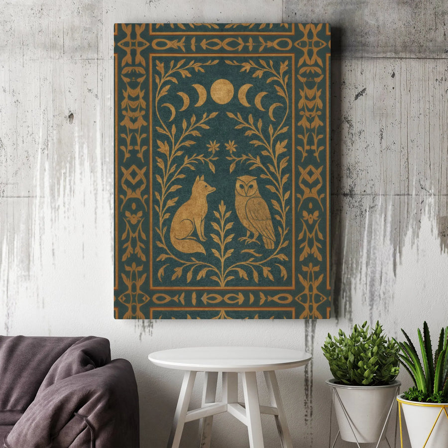 Celestial Fox and Owl Vertical Canvas | Vintage Moon Phases Woodland Wall Art | Premium 1.25 Inch Gallery Wrap | Mystical Home Decor Gift for Nature Lovers