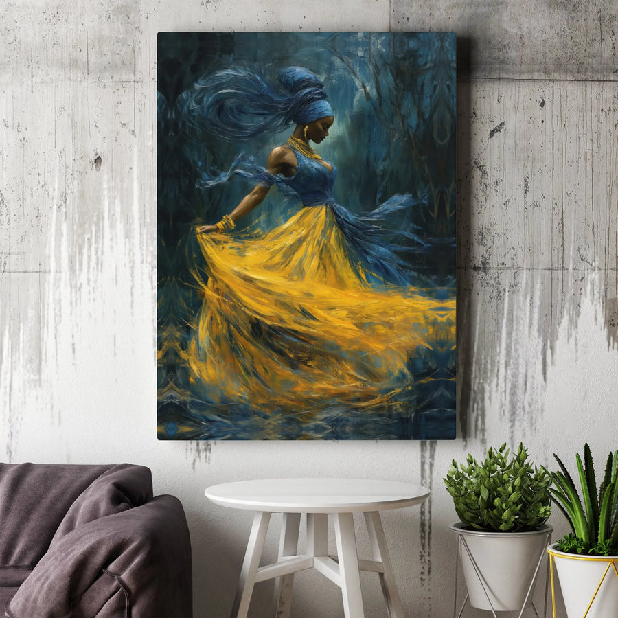 African American Woman Canvas Art | Blue and Yellow Ukrainian Flag Dress Print | Premium 1.25" Gallery Wrap | Inspirational Home Decor Gift