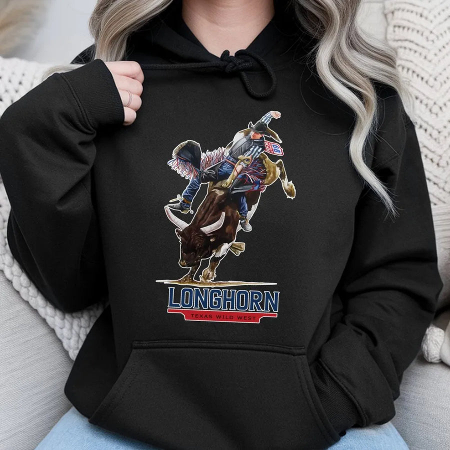 Bull Rider Hoodie | Vintage Texas Longhorn Graphic | Premium Cotton Blend | Western Rodeo Gift for Cowboy and Country Style Enthusiasts