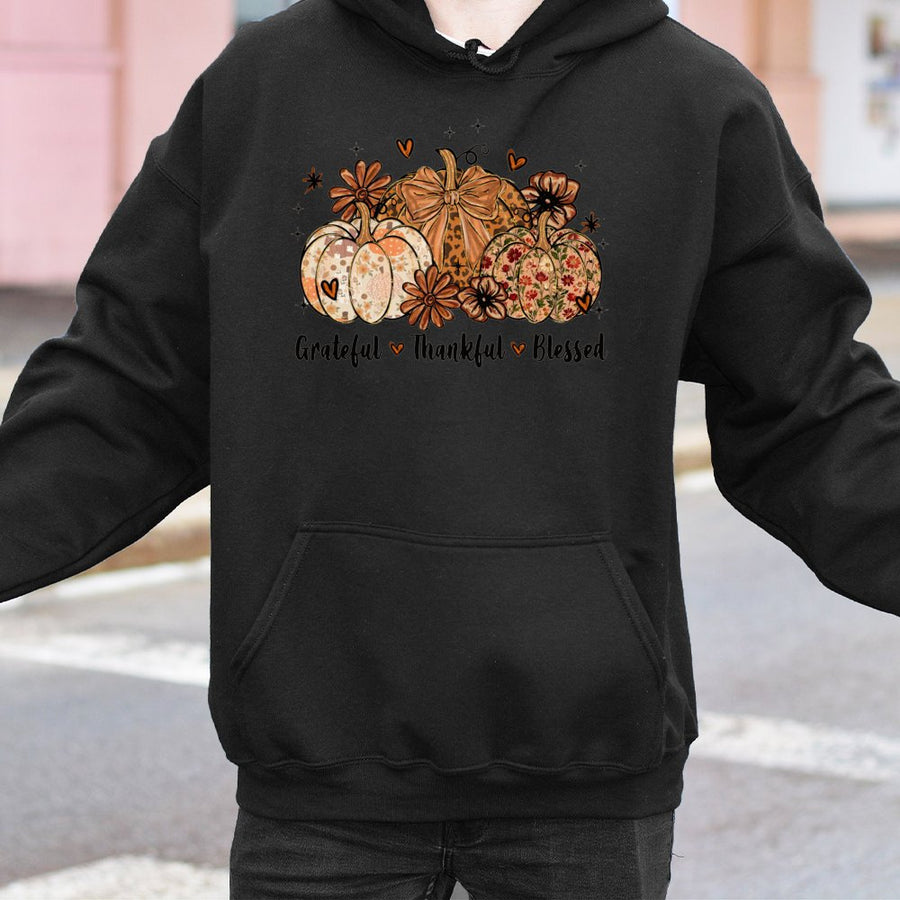 Grateful Thankful Blessed Hoodie | Fall Pumpkin Graphic Print | Soft Cotton-Poly Blend | Thanksgiving Gift for Women & Men