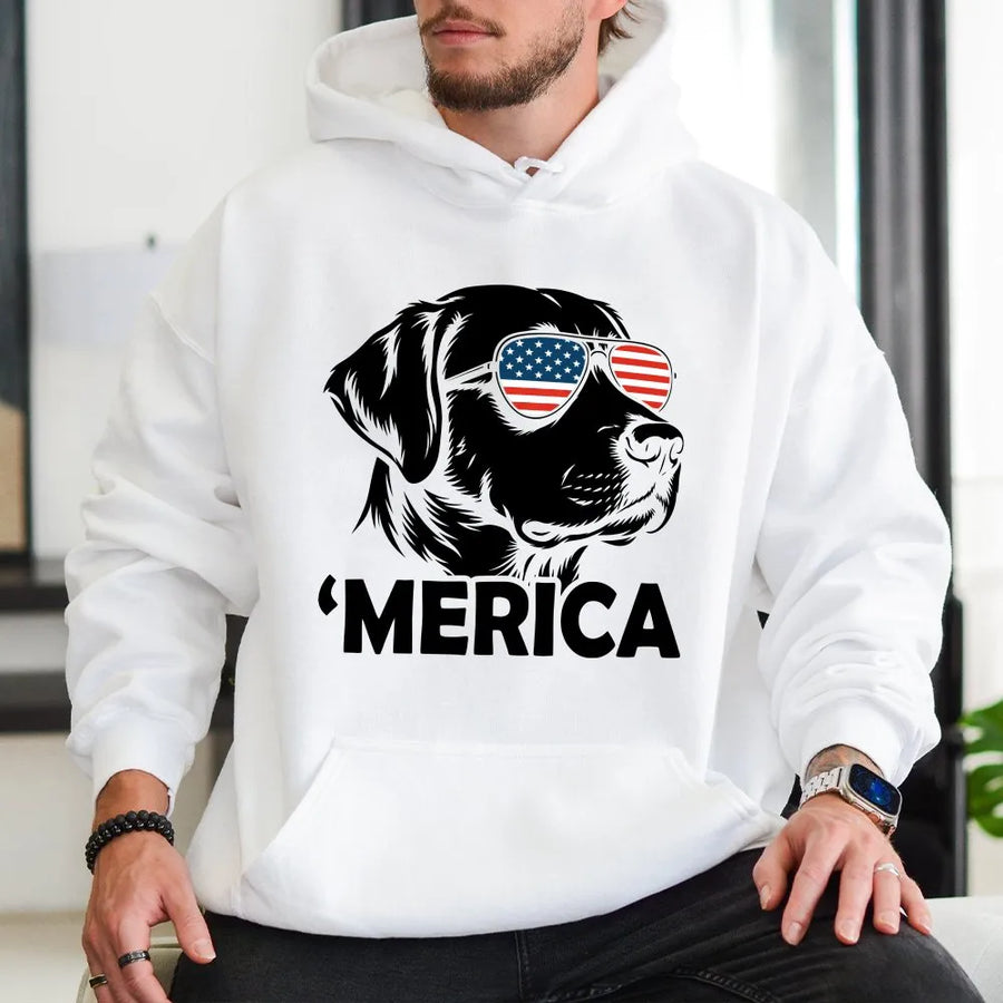 Merica French Bulldog Hoodie | Patriotic Dog with USA Flag Sunglasses | Premium Cotton Graphic Tee | Funny 4th of July Gift for Dog Lovers