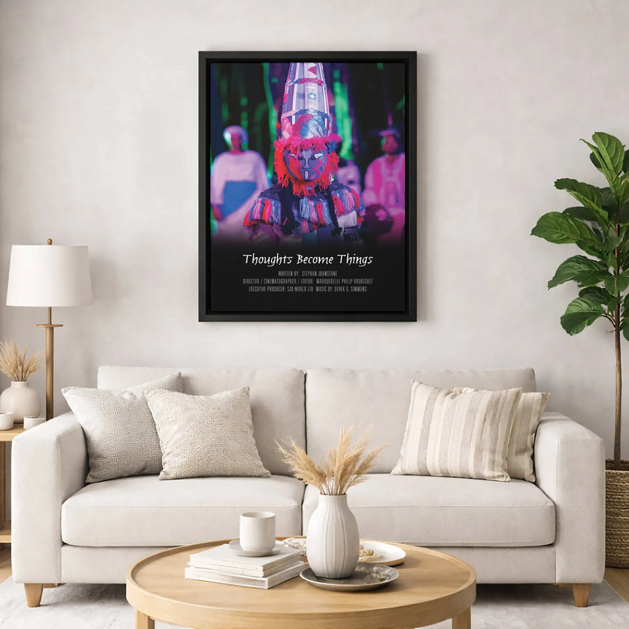 Thoughts Become Things Cultural Mask Canvas | Vibrant Folklore Wall Art | 1.25-Inch Premium Gallery Wrap | Unique Gift for Documentary Lovers
