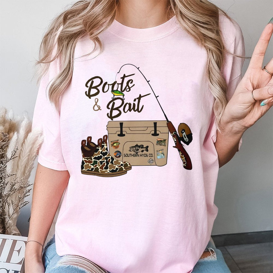 Boots & Bait Fishing Graphic T-Shirt | Country Western Camo Print Design | Premium 100% Cotton | Outdoor Fisherman Gift For Men & Women