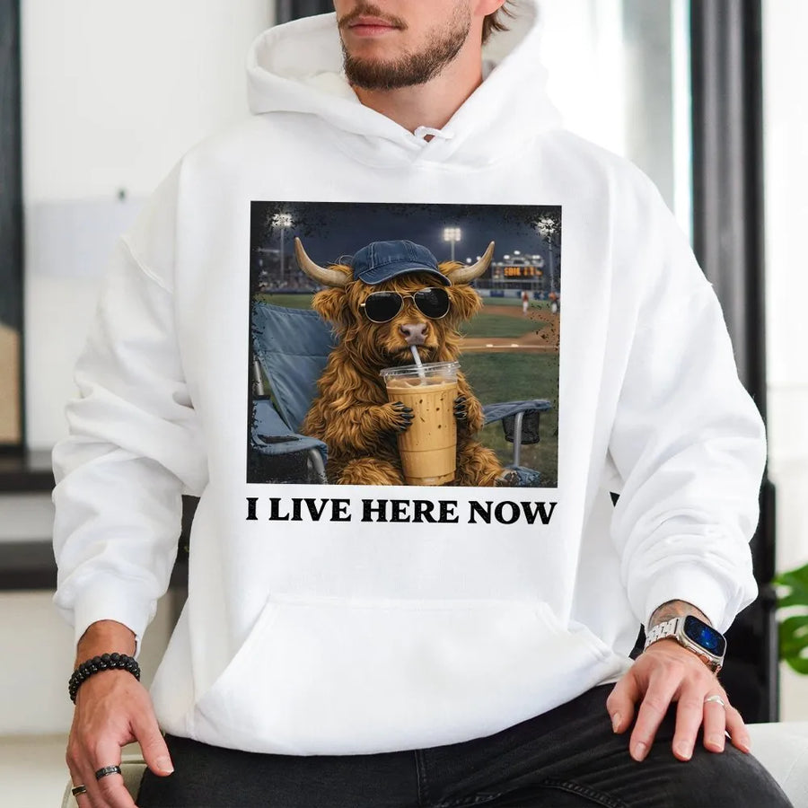 Highland Cow Baseball Hoodie | Funny 'I Live Here Now' Graphic | Soft Cotton Blend | Gift for Baseball and Softball Moms