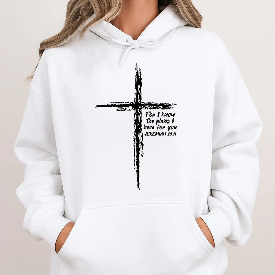 Jeremiah 29:11 Hoodie | Minimalist Cross Bible Verse Graphic | Premium Cotton Blend | Christian Gift for Men and Women of Faith