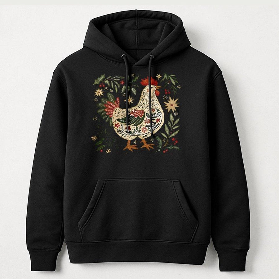Christmas Chicken Hoodie | Folk Art Farm Animal Graphic | Cotton-Blend Premium Pullover | Unique Holiday Gift for Chicken Lovers
