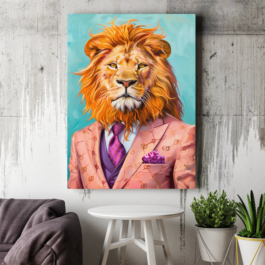 Dapper Lion Wall Art | Sophisticated Gentleman Animal Portrait | Premium Gallery Canvas | Unique Office Decor Gift