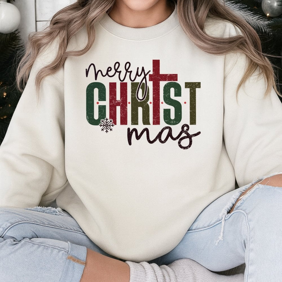 Religious Christmas Sweatshirt | Christian Cross Merry Christ-Mas Graphic | Premium Cotton Blend Crewneck | Faith-Based Holiday Gift for Women Men