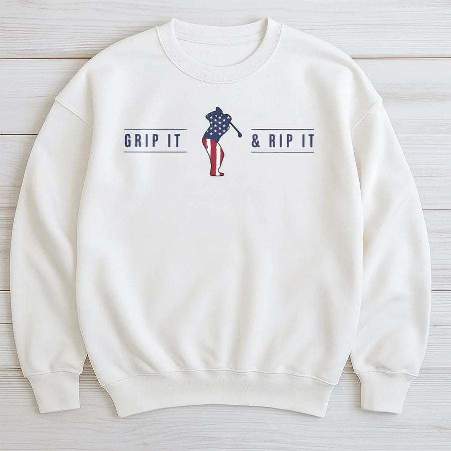 Grip It & Rip It Sweatshirt | American Flag Golfer Graphic | Soft Cotton Tee | Patriotic Golf Gift for Men, Dad