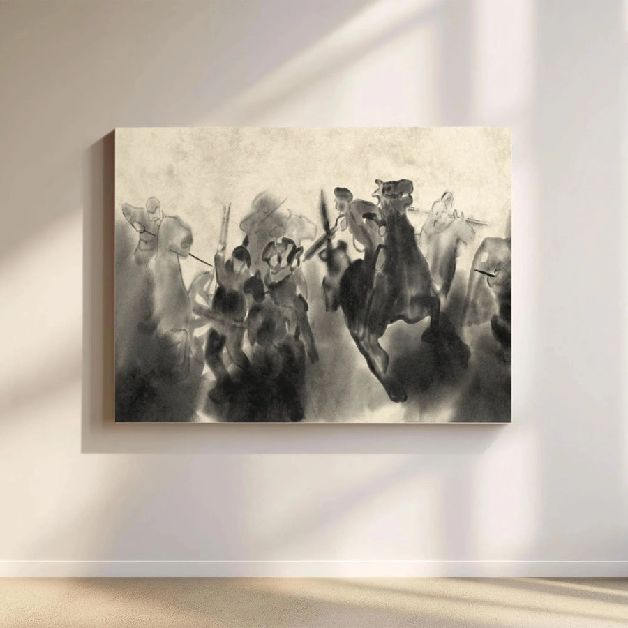 Warriors on Horseback Canvas Print | Abstract Ink Wash Battle Scene | Premium Gallery-Wrapped Wall Art | Historical Military Decor Gift
