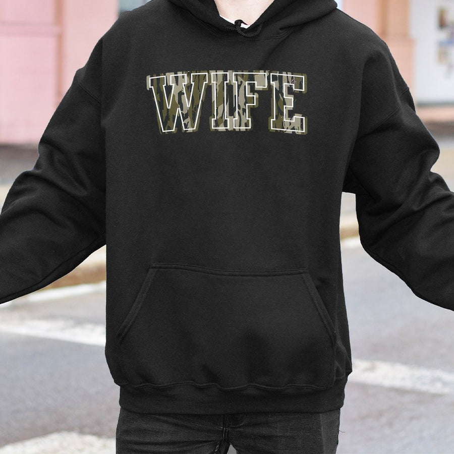 Wife Hoodie | Camo Varsity Letter Graphic | Premium Cotton Blend | Gift for Newlywed Wife or Anniversary