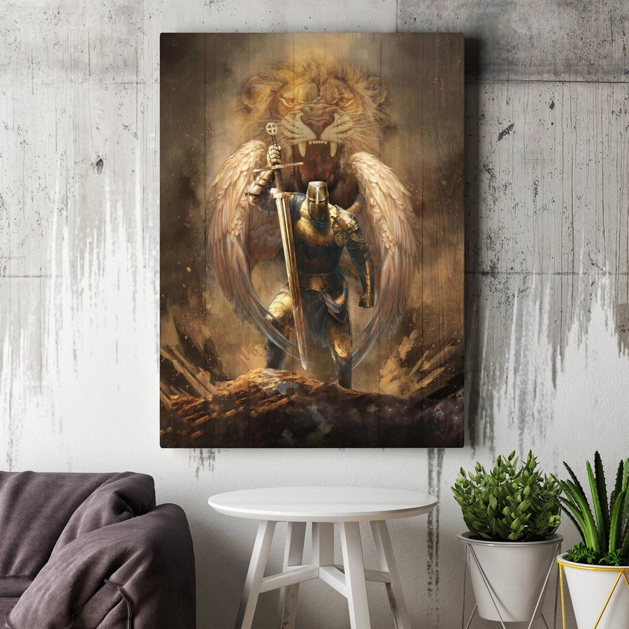 Winged Knight Templar Canvas Wall Art | Roaring Lion and Sword Warrior | Premium Gallery-Wrapped Print | Medieval Fantasy Home Decor Gift