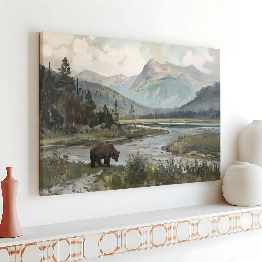 Grizzly Bear Mountain Canvas Print | Vintage Wildlife Painting Art | Premium Gallery Wrapped Canvas | Rustic Cabin Decor Gift for Nature Lover