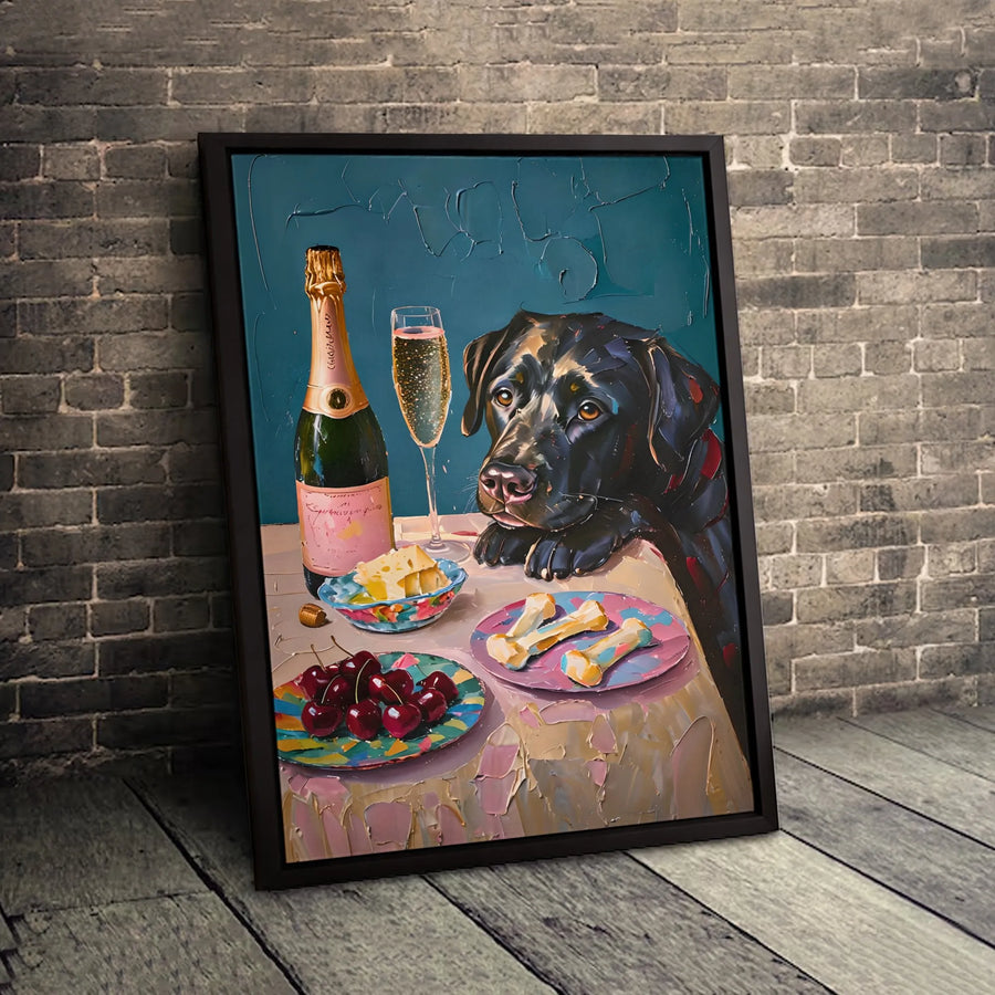 Black Labrador Canvas Wall Art | Impasto Style Dog Portrait With Champagne | Premium Gallery Wrapped Decor | Unique Pet Lover Gift Idea